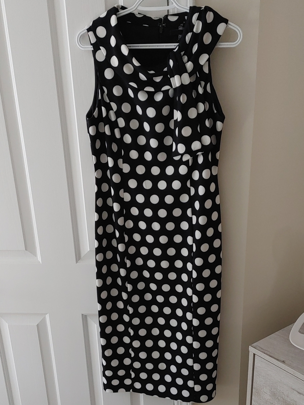 Maggy London Black and White Polka Dot Sleeveless Tie-Neck Dress